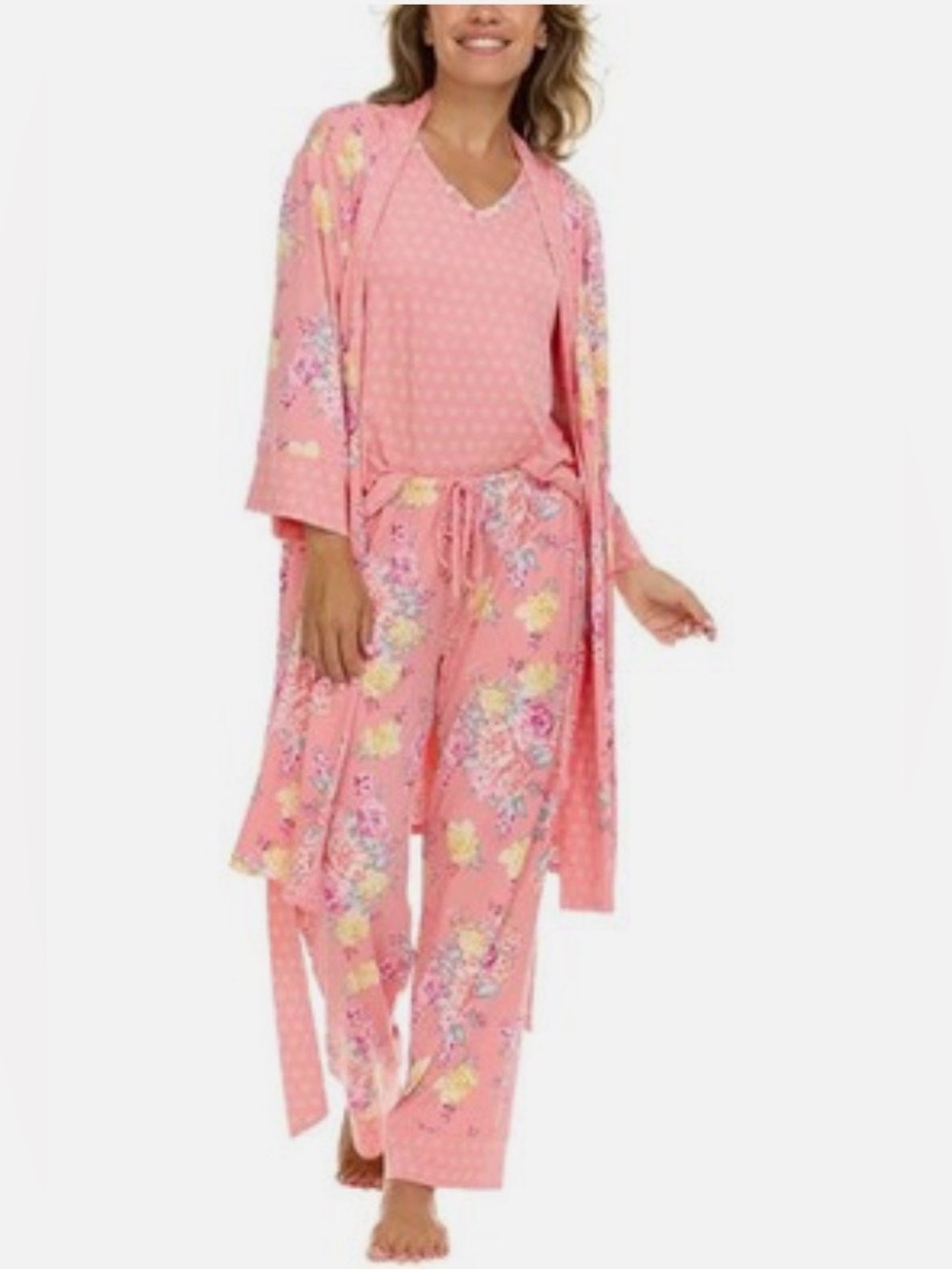 Flora Nikrooz Coral Pink Floral Robe, Tank & Pant Sleep Set - Picture 4 of 9